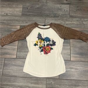 Women's Cream and Brown Lace Sleeve Top